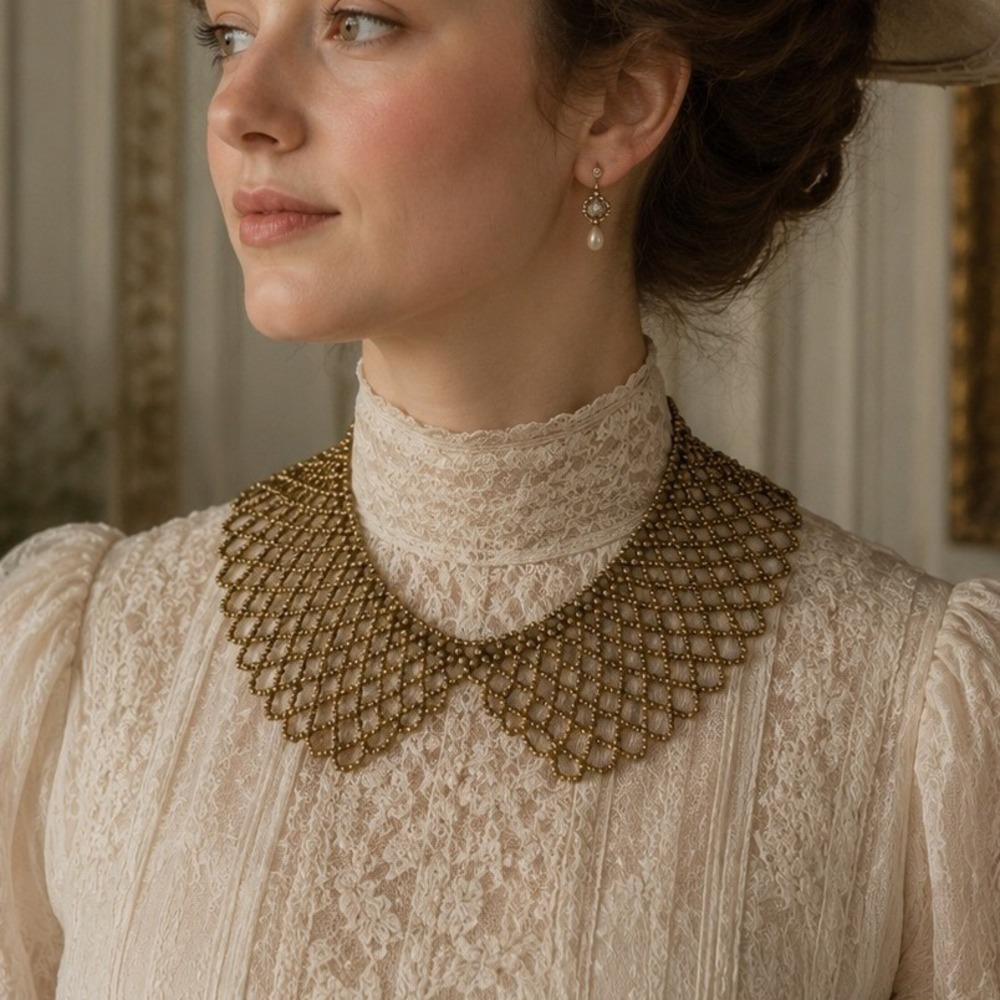 Vintage Necklace Peter Pan Collar Beaded Openwork Lattice Antique Gold Tone - Picture 1 of 8